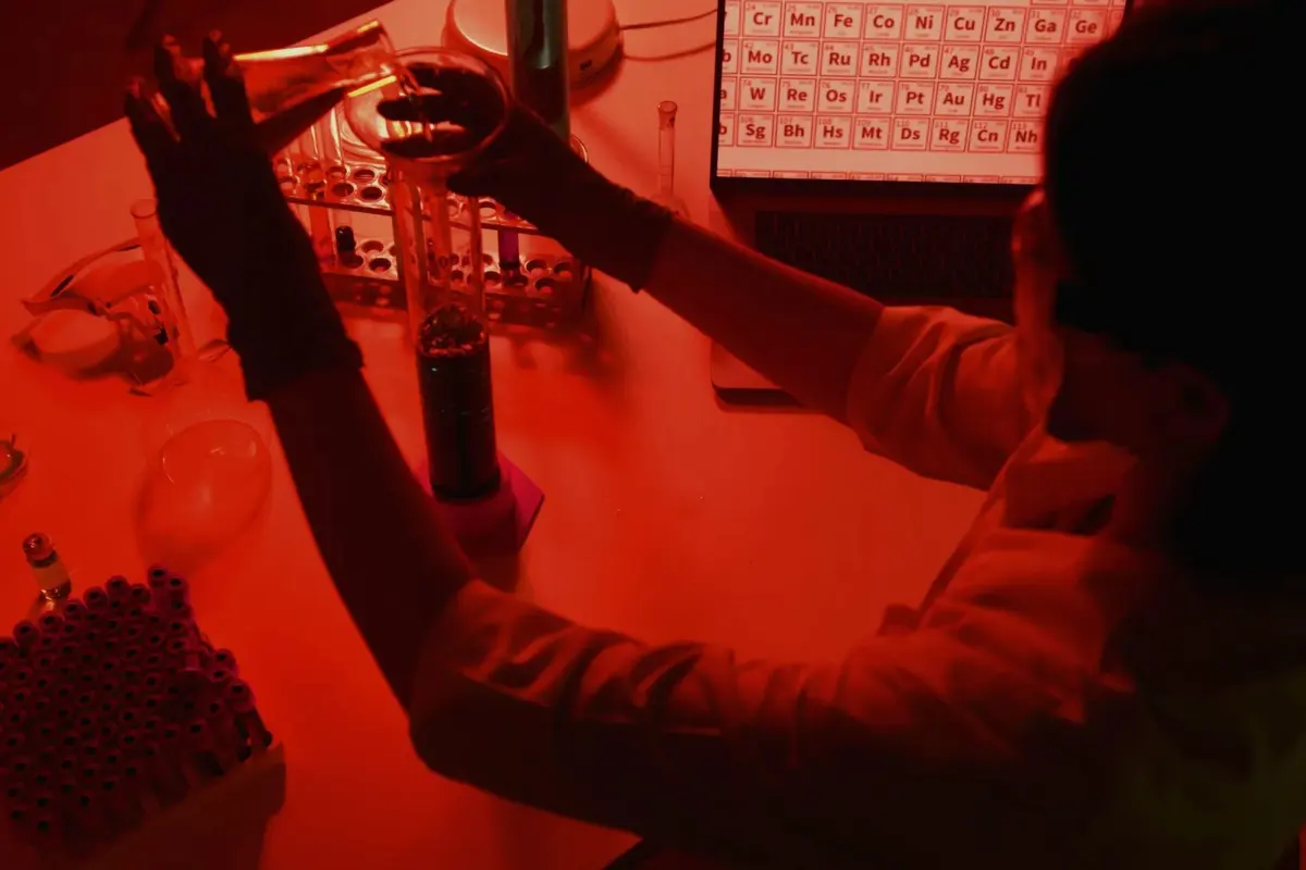 Scientist working at a bench in a research laboratory